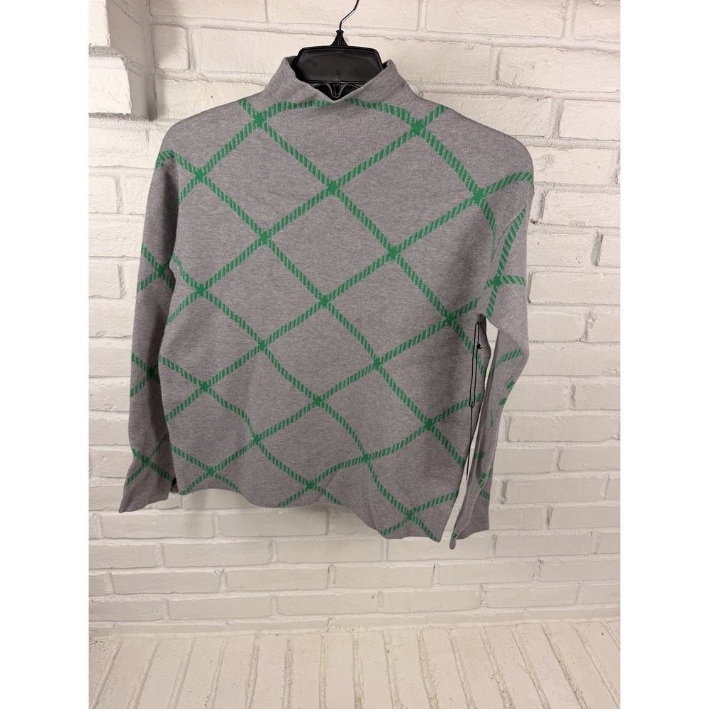 Tahari Womens Small Gray Green Argyle Mock Neck Sweater NWT Preppy Knit
